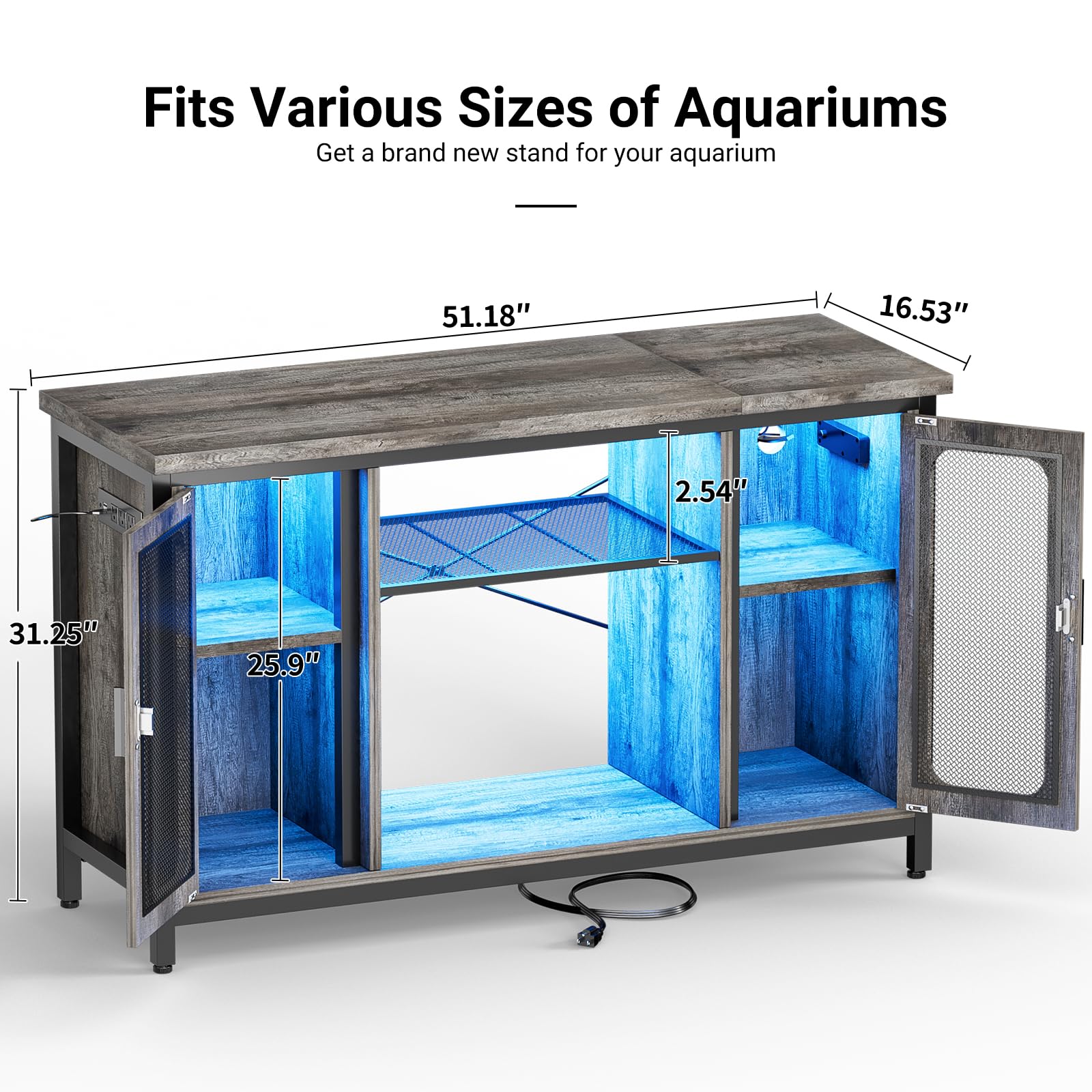 Unikito Reptile Tank Stand Fish Tank Stand with Power Outlets & LED Light, 55-75 Gallon Reversible Terrarium Stand with Cabinet, Metal Aquarium Stand for Reptile Terrarium, Turtle Tank, Black - WoodArtSupply