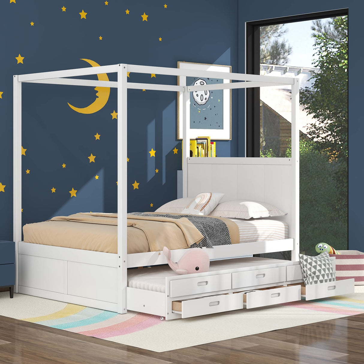Polibi Queen Size Canopy Platform Bed with Twin Size Trundle, Wooden Daybed Frame with 3 Storage Drawers, White Polibi