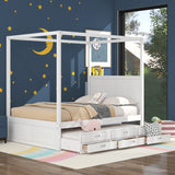 Polibi Queen Size Canopy Platform Bed with Twin Size Trundle, Wooden Daybed Frame with 3 Storage Drawers, White Polibi