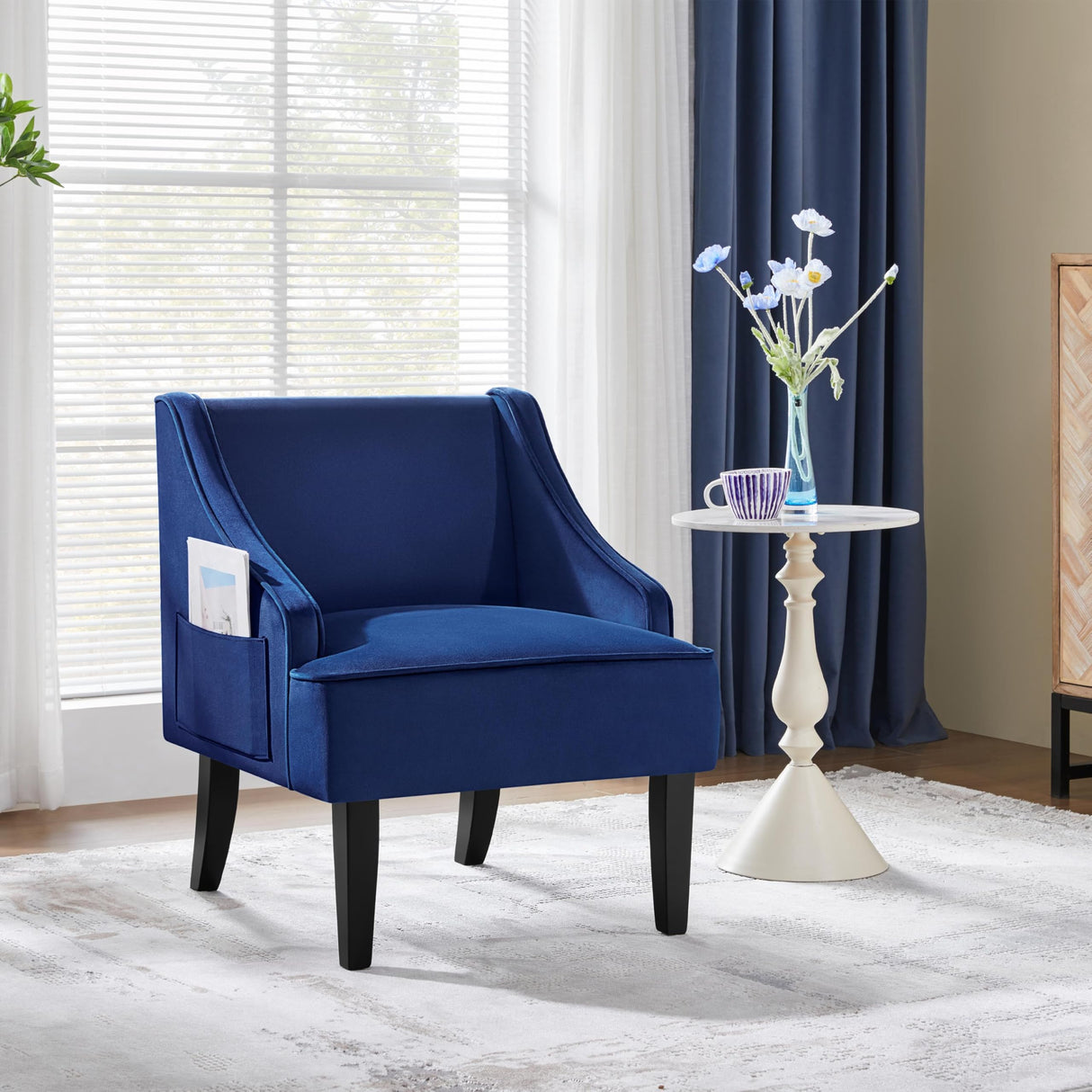 Yaheetech Mid-Century Accent Chair, Velvet Club Chair with Pocket, Wood Frame Comfy Barrel Chair for Living Room/Waiting Room/Bedroom, Blue Yaheetech