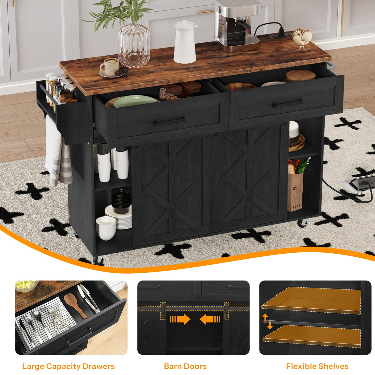 HOOBRO Kitchen Island with Storage, Power Outlet, Rolling Kitchen Island Cart on Wheels, with 2 Drawers, Sliding Barn Doors and Lockable Wheels, Farmhouse, Black BF28UZD01 HOOBRO