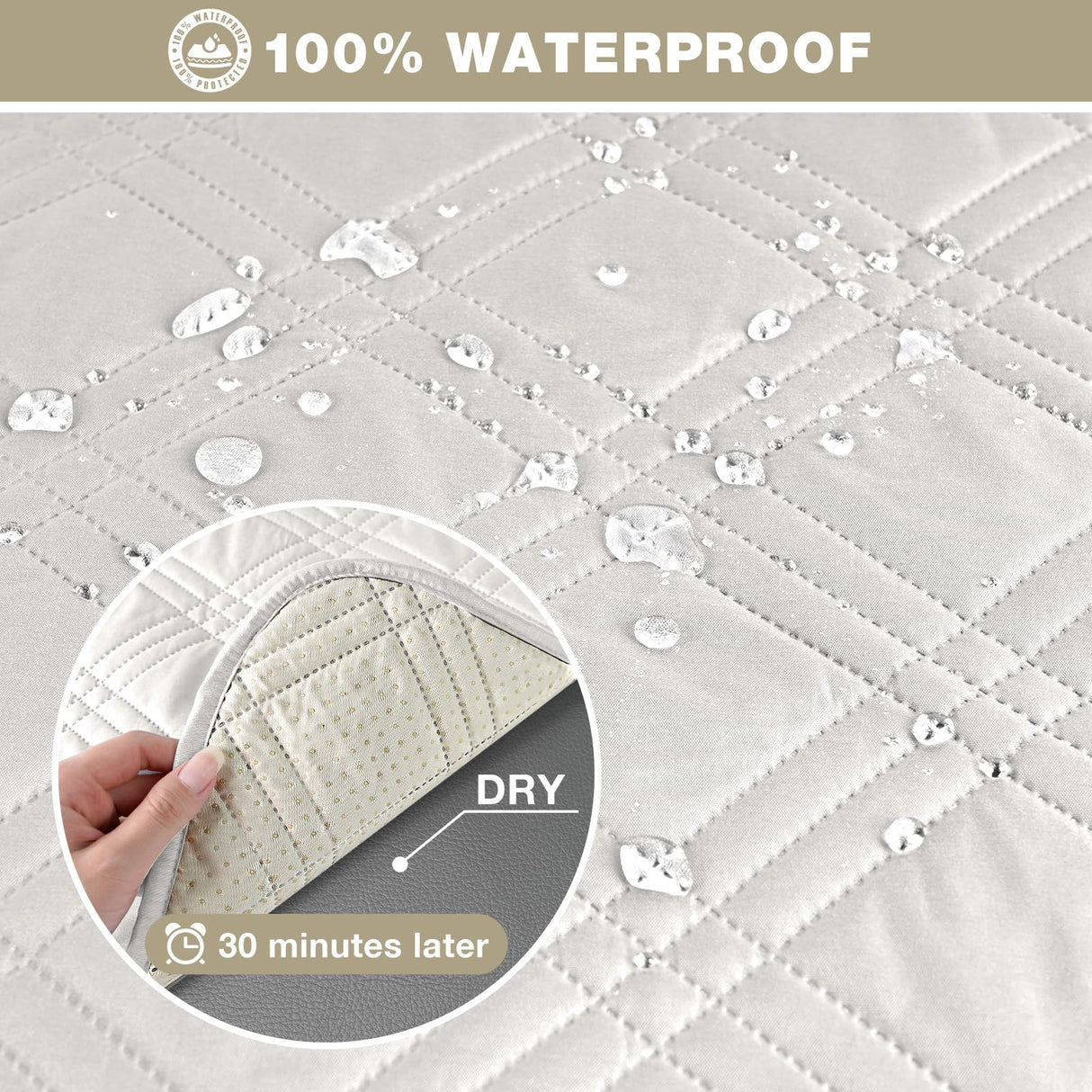 TAOCOCO 100% Waterproof Recliner Sofa Cover, Non Slip Split Couch Covers for Reclining Couches with Elastic Straps, Washable Reclining Sofa Cover Furniture Protector for Kids Pets(3 Seater, Off White) TAOCOCO