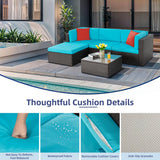 Vongrasig 5 Piece Furniture Sets, All-Weather Brown PE Wicker Outdoor Couch Sectional Small Patio Conversation Garden Sofa Set w/Ottoman, Glass Table, Blue Vongrasig