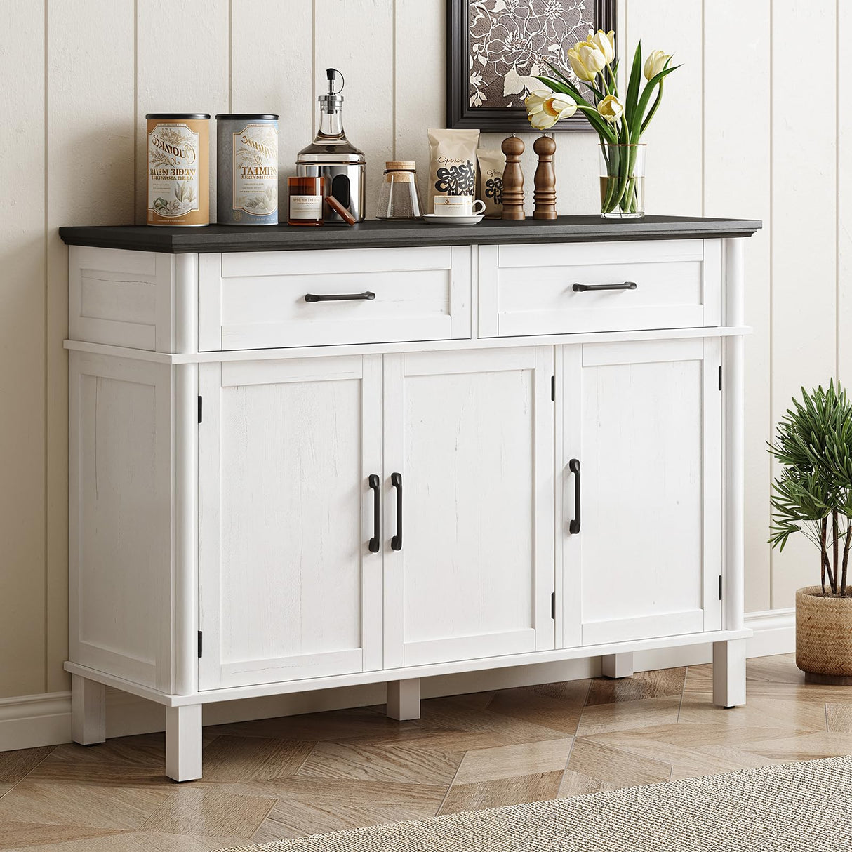 48 Inches Buffet Cabinet with Storage, Farmhouse Sideboard Buffet w/2 Drawers and 3 Doors, Wood Coffee Bar Cabinet with Adjustable Shelves, Sideboard Storage for Kitchen, Living Room, Off White&Black ONBRILL