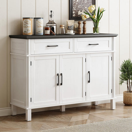 48 Inches Buffet Cabinet with Storage, Farmhouse Sideboard Buffet w/2 Drawers and 3 Doors, Wood Coffee Bar Cabinet with Adjustable Shelves, Sideboard Storage for Kitchen, Living Room, Off White&Black ONBRILL