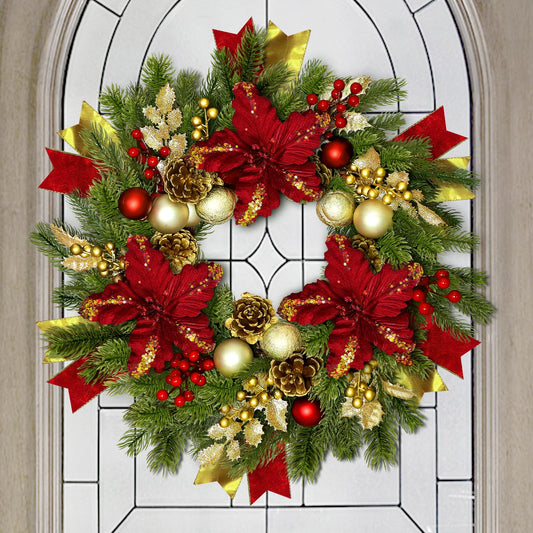 Christmas Wreath with Lights,24 inch Christmas Wreaths for Front Door,Christmas Door Wreath with Christmas Flowers and Ball,Pine Cones,Frosted Leaves,Ribbons and Berries for Christmas Decor