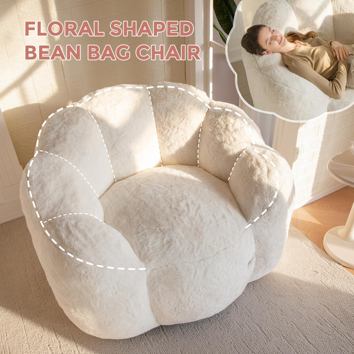 MAXYOYO Bean Bag Chair for Adults, Floral Shaped Bean Bag Sofa, Ultra Soft Faux Fur Floor Sofa, Large Reading Chair for Living Room Bedroom, Beige, Single MAXYOYO