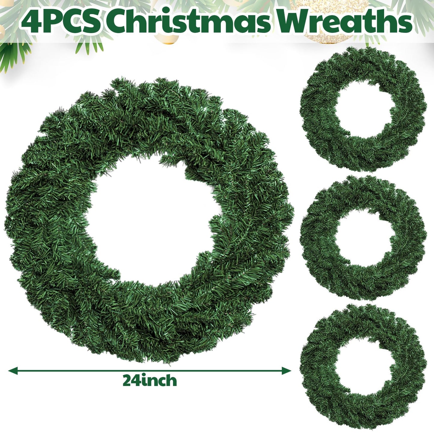 Hotop 4 Pcs Artificial Christmas Wreath for Front Door Christmas Green Farmhouse Wreath DIY Faux Plain Wreaths for Decorating Window Room Christmas Party Decor (24 Inches)