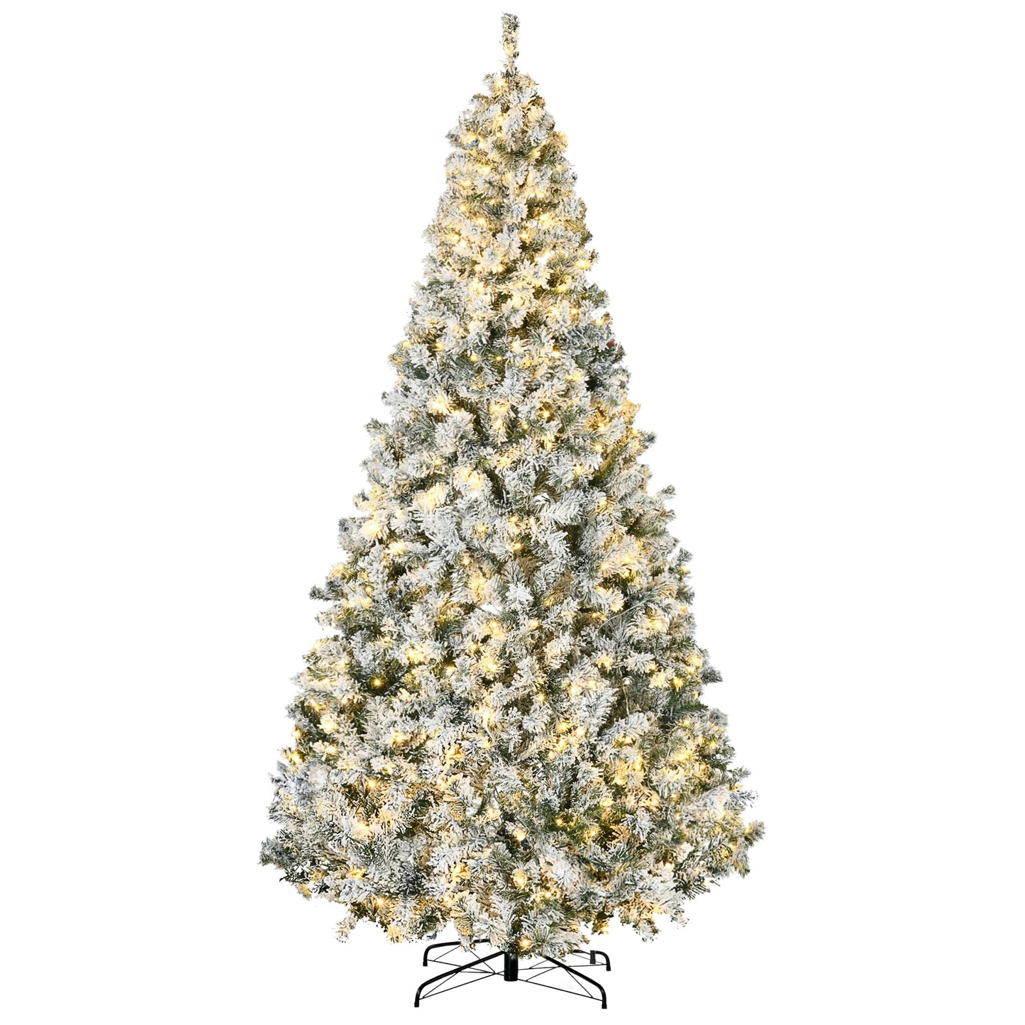 HOMCOM 9ft Tall Prelit Artificial Christmas Tree Holiday Décor with 1868 Snow Flocked Branches, 600 Warm White LED Lights, Auto Open, Green