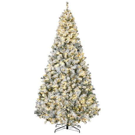 HOMCOM 9ft Tall Prelit Artificial Christmas Tree Holiday Décor with 1868 Snow Flocked Branches, 600 Warm White LED Lights, Auto Open, Green HOMCOM