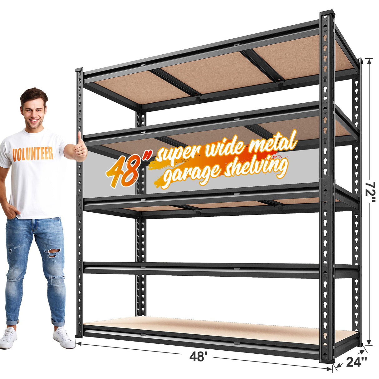REIBII 48" W Garage Shelving 3020LBS Storage Shelves 5 Tier Heavy Duty Shelving Adjustable Garage Shelves for Basement, Warehouse, Commercial, Easy Assemble, 48" W x 72" H x 24" D REIBII