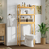 Smiry Over The Toilet Storage, Bamboo 3-Tier Over Toilet Bathroom Organizer, Adjustable Bathroom Shelf, Space Saving, Stable Freestanding Storage Cabinet with 4 Hooks, Natural Smiry