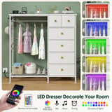 OtterOasis 47.2" White Dresser with Hanging Rack, 2 in 1 Bedroom 6 Drawers Dresser with LED Lights & Charging Station, Wooden Dressers with Fabric Drawers and Clothing Rack for Girls, Kids OtterOasis