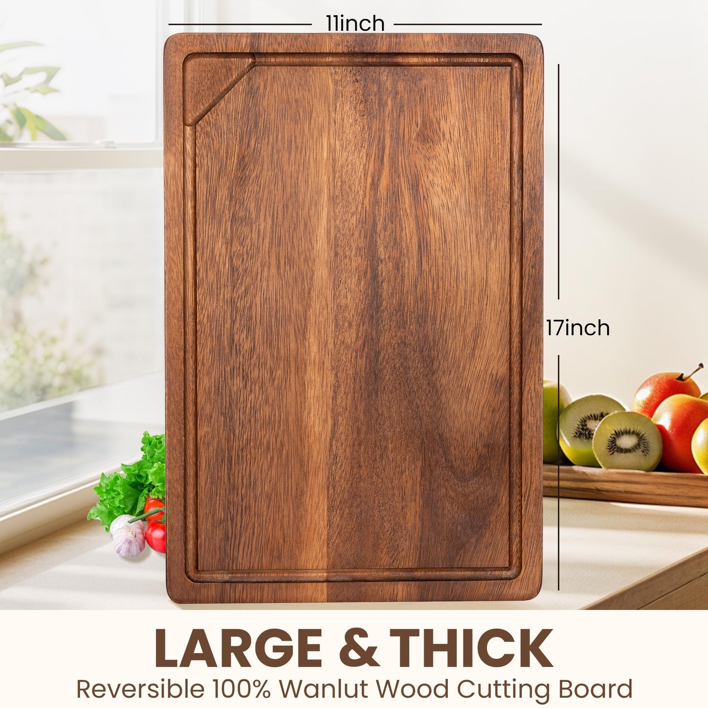 Fun Memories Black Walnut Cutting Board for Kitchen with Concealed Handles, Reversible Wood Butcher Block Cutting Board Carving Board with Juice Groove, Per 17 x 11 Inches (Gift Box)