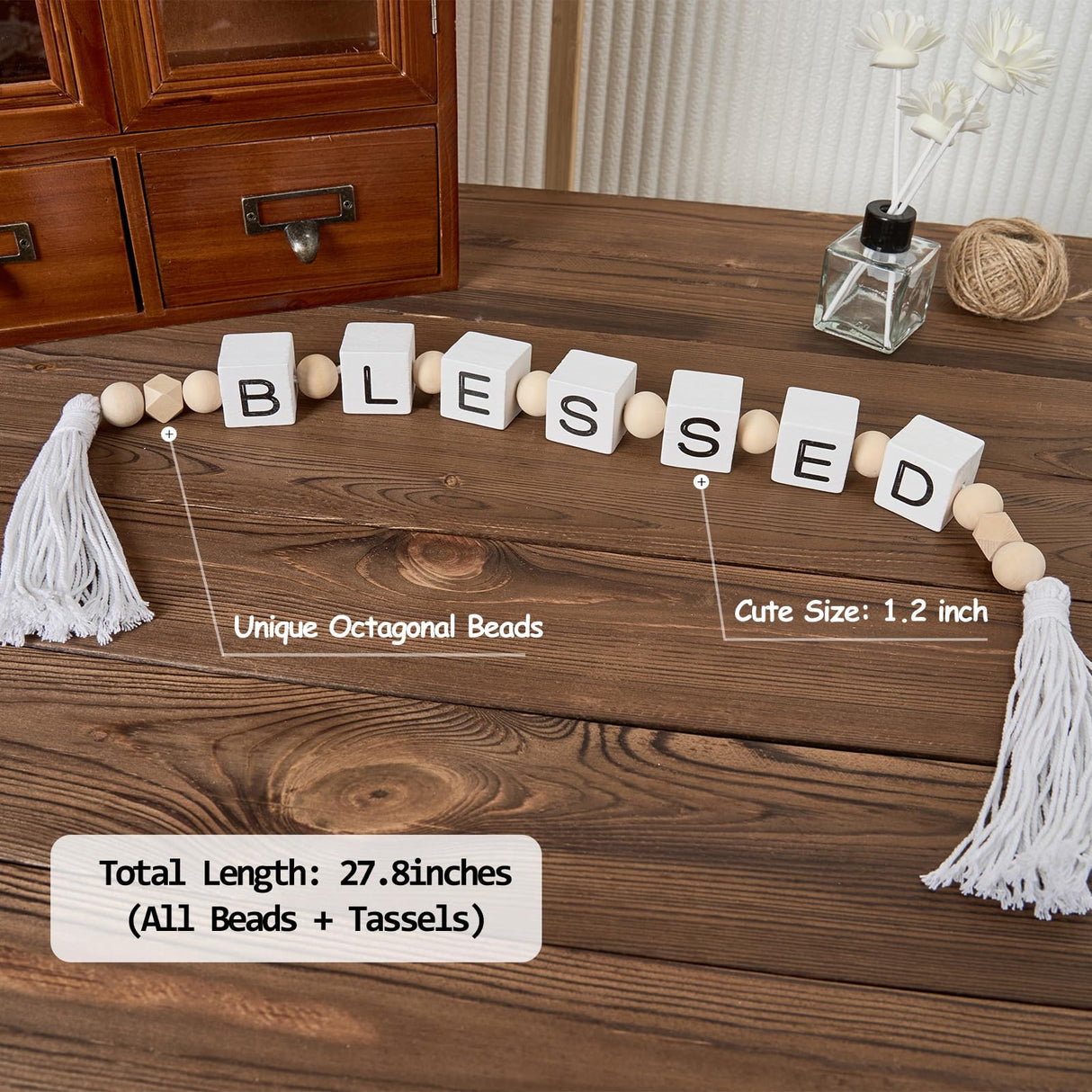 Blessed Letter Block Wood Bead Garland with Tassels, Farmhouse Decorative Beads, Modern Wooden Beads Garland for Tabletop, Tiered Tray, Mantel, Blessed Decor HEYTUYA