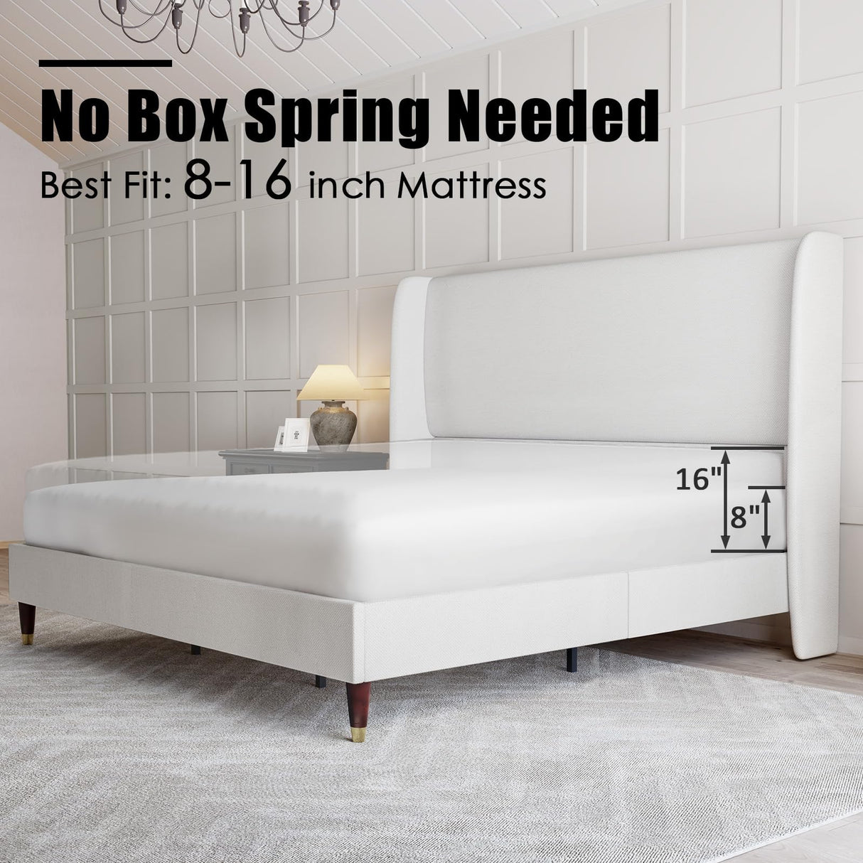 PaPaJet King Platform Bed Frame 51.2" High Headboard Tall Upholstered Bed/No Box Spring Required/Wood Slat Support/Easy Assembly White PaPaJet