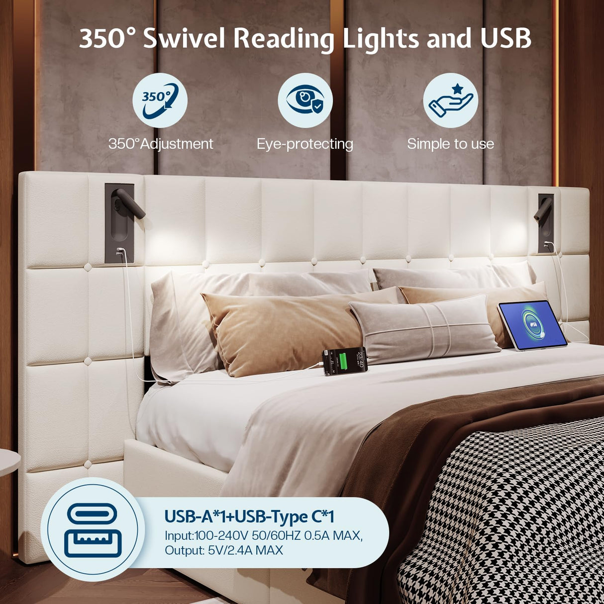 Jocisland King Size Upholstered Bed Frame with Widened Headboard,Lift-Up Storage Bed and Built-in Reading Light, Velvet Platform Frame, No Box Spring Required,Cream Jocisland