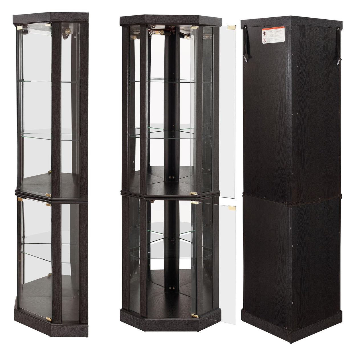 Lighted Corner Display Curio Cabinet Wooden Shelving Unit with Tempered Glass Door, Bar and Liquor Storage Area with 4 Shelves, Wine Cabinet，Black CQSXDA