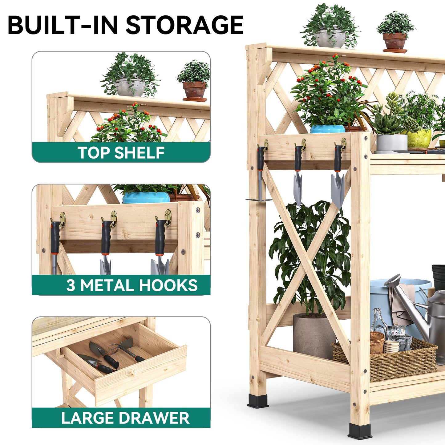 YITAHOME Outdoor Garden Workstation Table with Drawer, Potting Bench Table w/Exposed Rack, Hanger, PVC Water-Resistant Mat, Natural