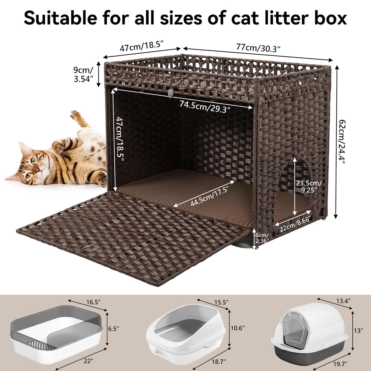 DOVEAID Cat Litter Box Enclosure Furniture Hidden, Pet House Litter Box Furniture for Large Cats, Handwoven Rattan with Door Cat Washroom Box, Indoor Cat House Storage with Soft Litter Mat, Brown DOVEAID