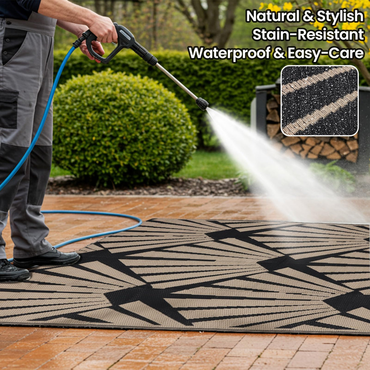 Reversible Outdoor Plastic Straw Rug 5x8 Ft, Waterproof Foldable Camping Mat with Uv Protection, Quick-Dry Plastic Straw Patio Carpet for Deck Rv Porch Backyard Black & Brown BUPPLEE