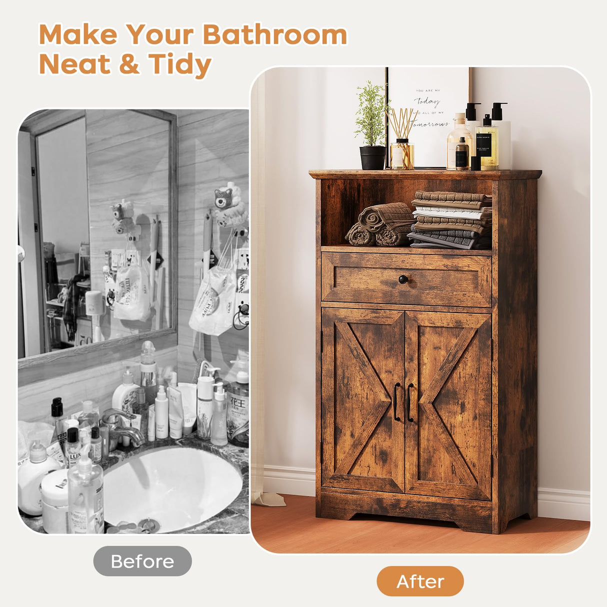 Viroformo Floor Cabinet, Farmhouse Storage Cabinet with Barn Doors and Drawer, 11.81" D x 23.62" W x 39.37" H Rustic Brown Freestanding Adjustable Shelf Organizer for Bathroom, Kitchen, Living Room Viroformo