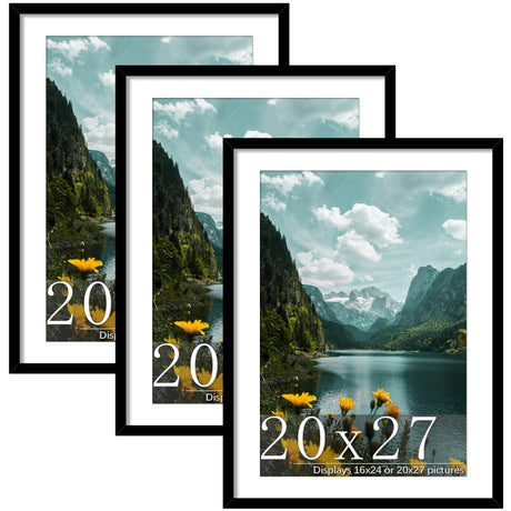 Picrit 20x27 Picture Frame 3 Pack, Black Puzzle Frame, Display Poster 16 x 24 with Mat or 20 x 27 without Mat for Horizontal or Vertical Wall Mounting. Picrit