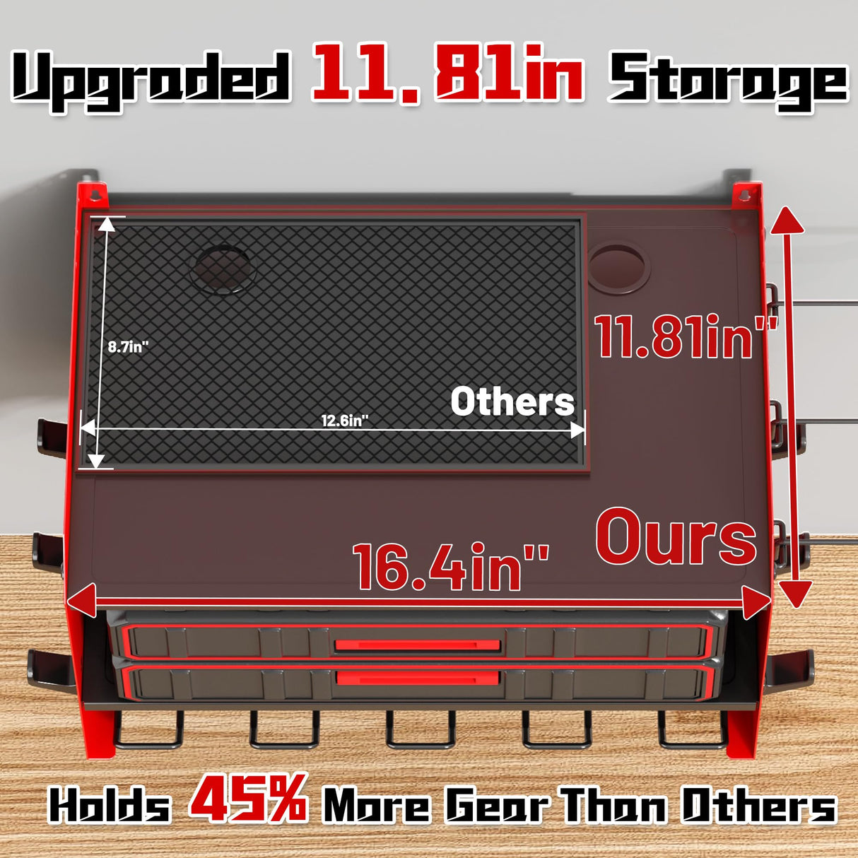 Wide Power Tool Organizer Wall Mount with Charging Station,3 Layer Adjustable Heavy Duty Tool Storage Rack 4 Drills with 8 Outlet Power Strip,Hooks,Screwdriver box,Garage Gifts for Fathers Day,Red CFMASTER