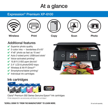 Epson Expression Premium XP-6100 Wireless Color Photo Printer with Scanner and Copier, Black, Medium Epson