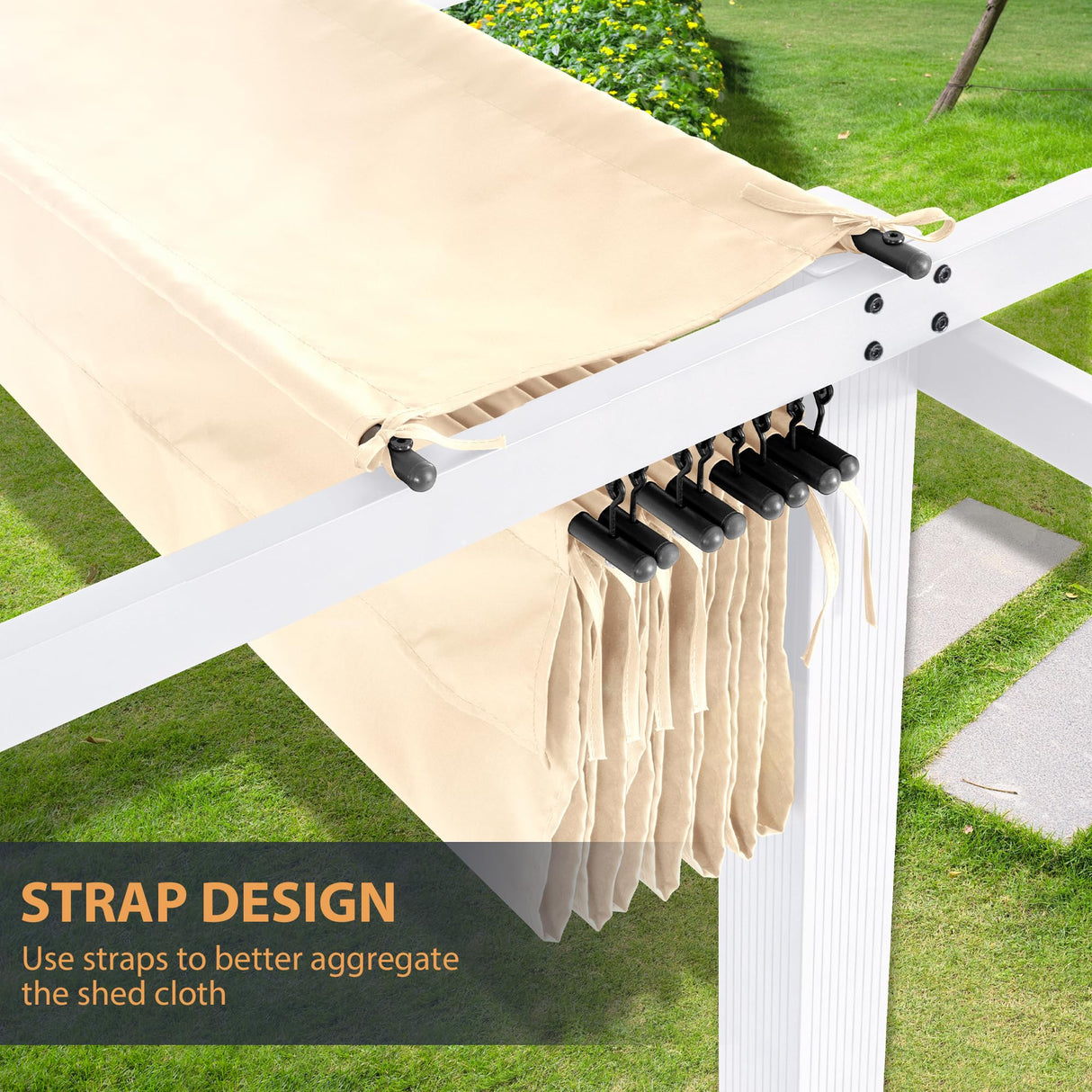 HAPPATIO 10' X 13' Pergola Retractable Pergola Canopy with White Frame for Backyards, Gardens, Patios, Outdoor Pergola with Sun Shade Canopy (Beige) HAPPATIO