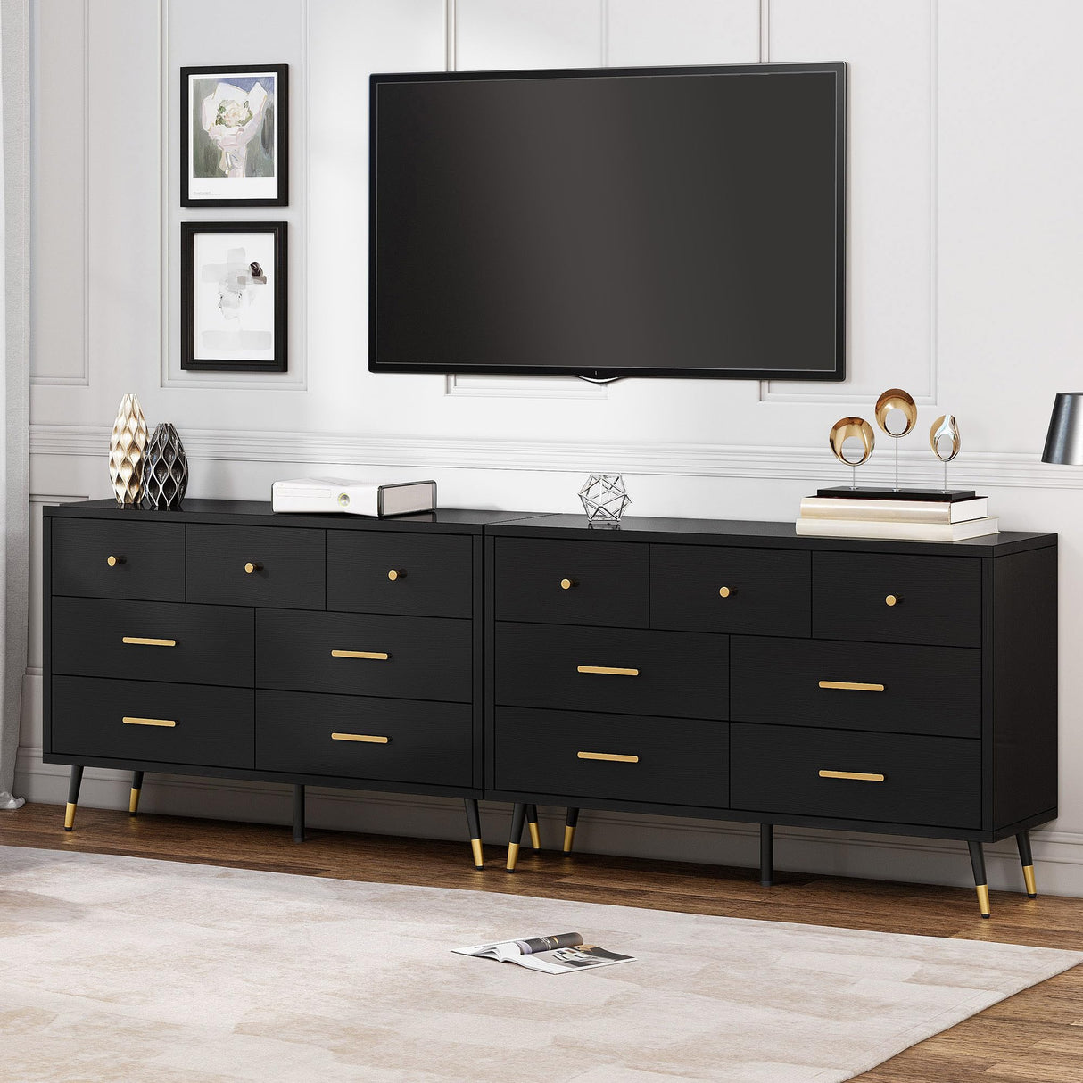 DWVO 7 Drawer Dresser,Black Wood Storage Dressers & Chests of Drawers,Gold Metal Handle ＆ Anti-Tipping Device, Modern Double Dresser Storage,TV Cabinet for Bedrom DWVO
