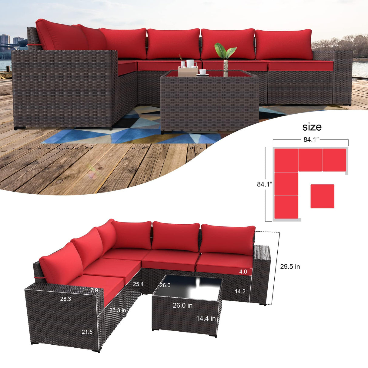 Kullavik 6PCS Outdoor Patio Furniture Set PE Wicker Rattan Sectional Sofa Patio Conversation Sets,Red Kullavik