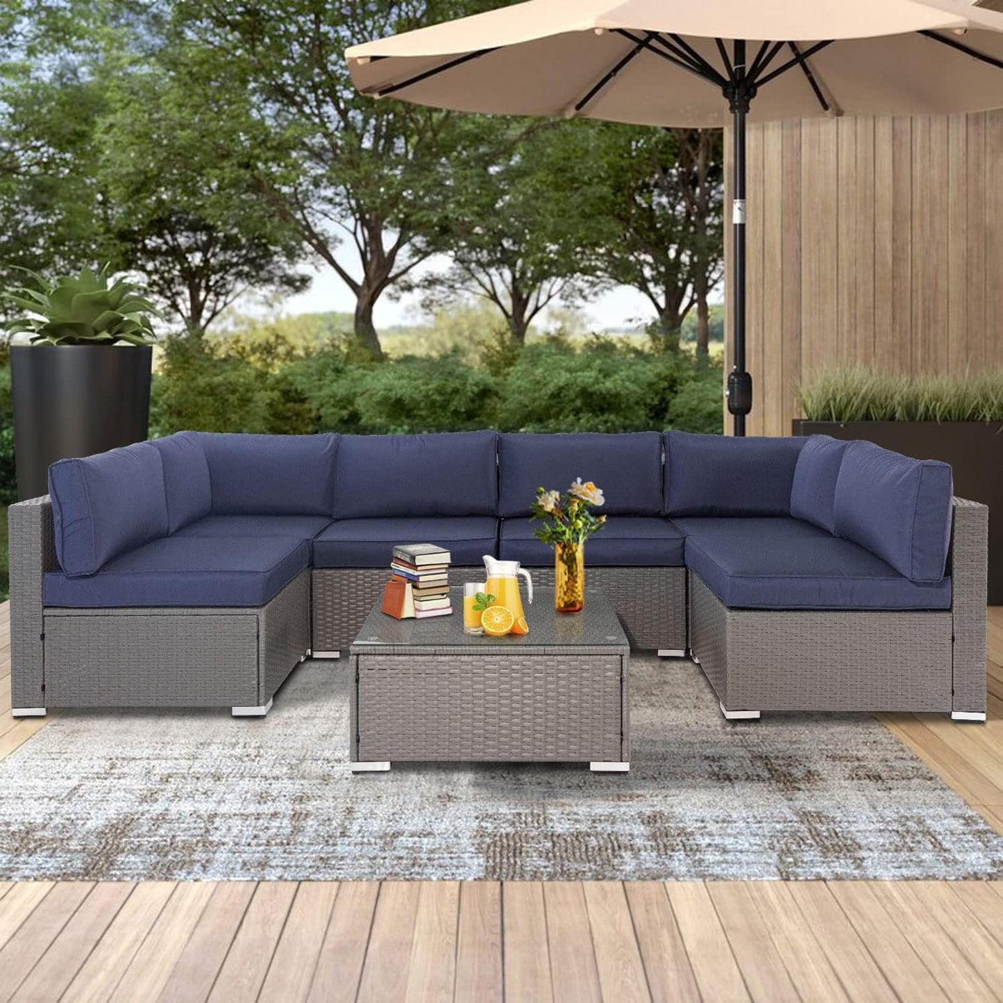 Oakcloud 7-Piece Outdoor Patio Furniture Set Grey Rattan Wicker Sectional Sofa Conversation Sets with Cushions and Glass Top Table (Dark Blue) - WoodArtSupply