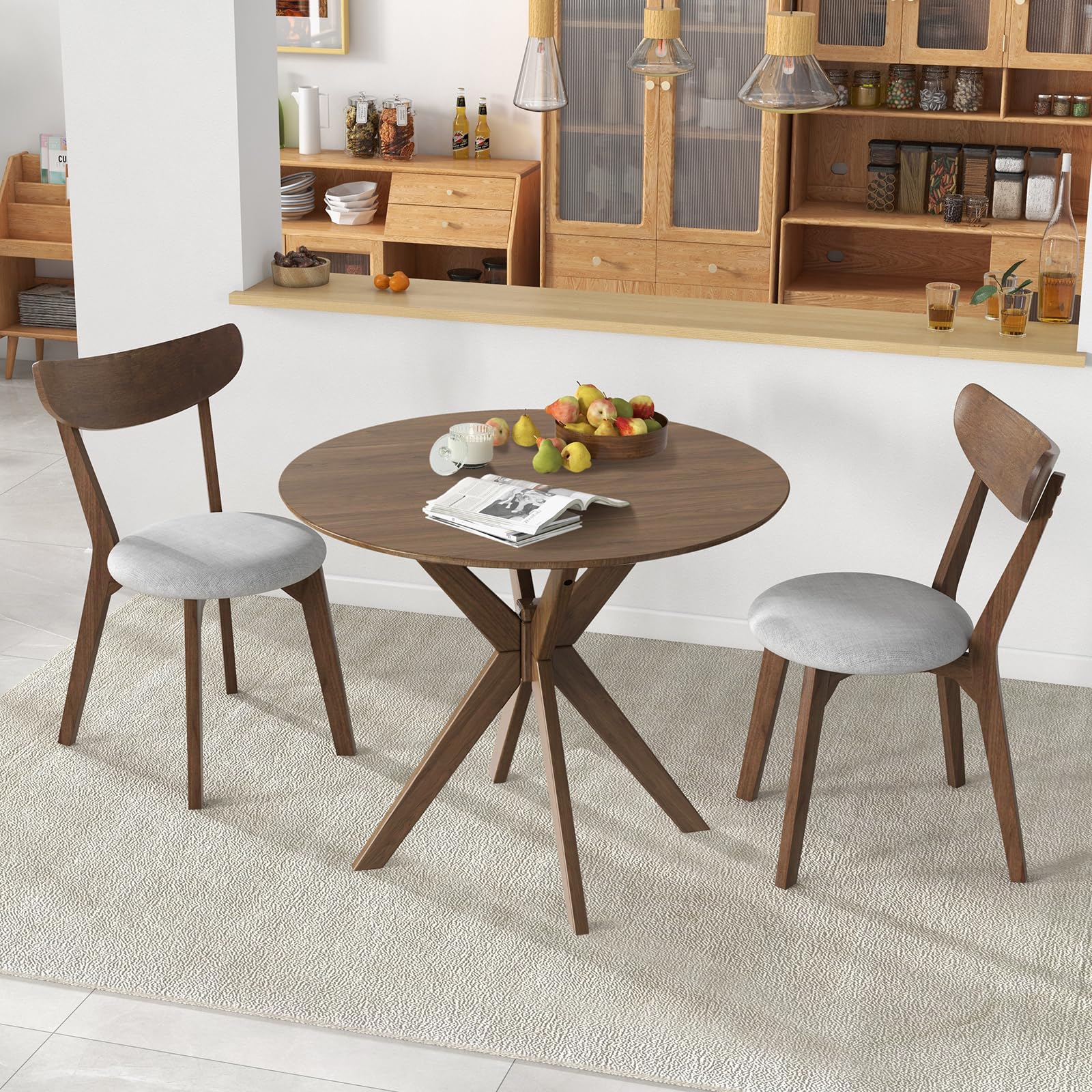 Tangkula 3-Piece Dining Table and Chair Set, Round Wooden Dining Set with Cushioned Chairs, Mid-Century Farmhouse Table and Chair Set for Kitchen and Living Room - WoodArtSupply