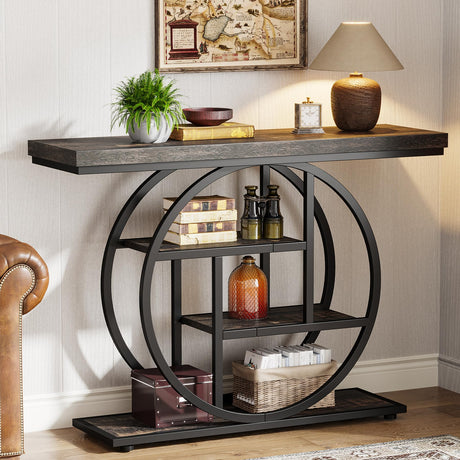 Tribesigns 41.3" Console Table, Industrial 4-Tier Sofa Table Entryway Table with Circle Base, Narrow Wood Accent Tables with Storage Shelves for Living Room, Hallway, Foyer, Black Tribesigns