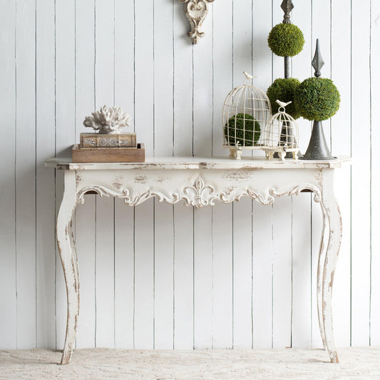 Royard Oaktree Distressed Console Table, 46" Decorative Foyer Table, Vintage French Country Entry Table with Wood Carvings and Curved Legs, Weathered Wash White Sofa Table for Hallway Living  - WoodArtSupply