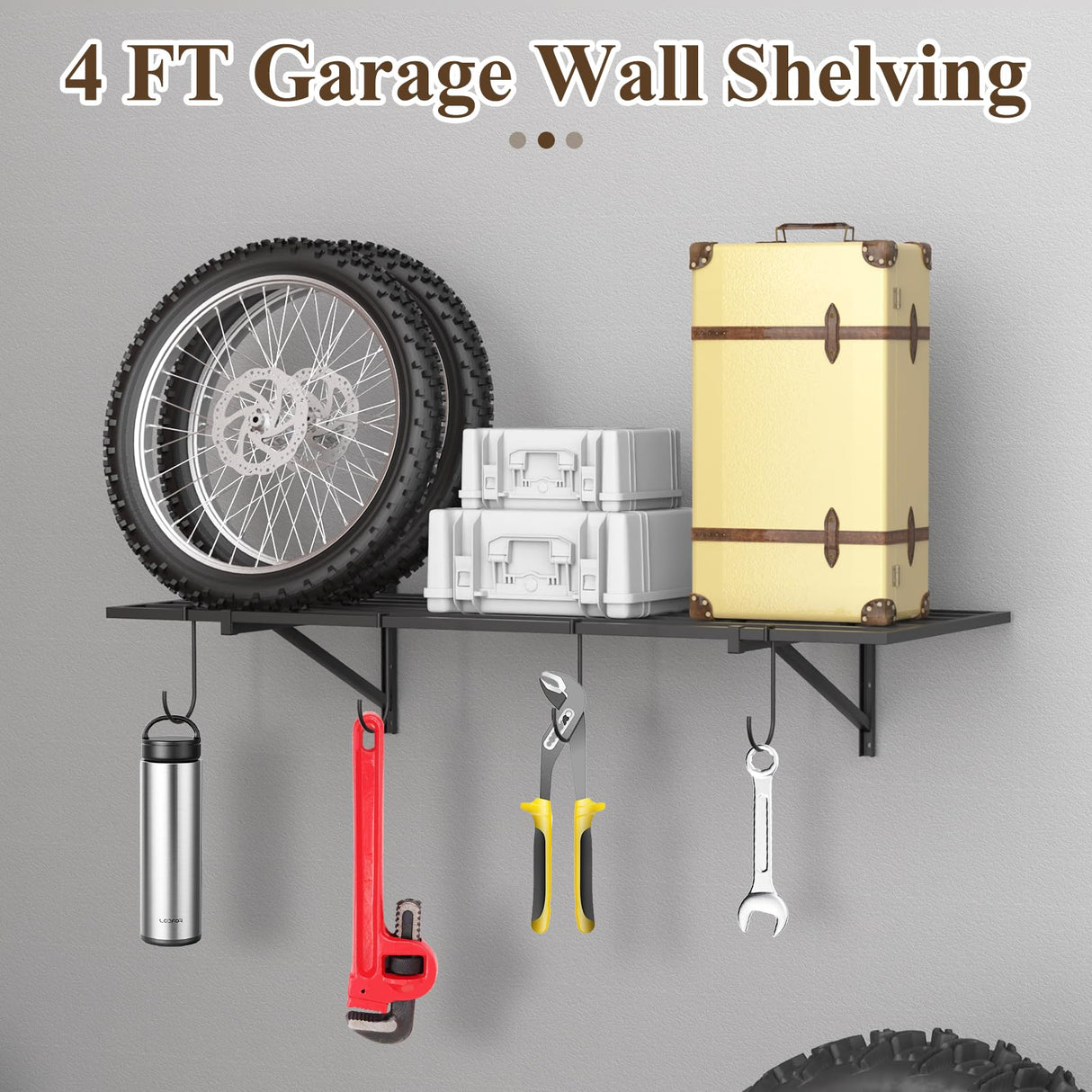 PEKGRIL Garage Wall Shelving Set of 2, 1.5X4 ft Garage Wall Shelves with 8 Hooks, Heavy Duty Wall Mounted Storage Shelf, Loads 260 lbs Each Metal Wall Shelf, Black PEKGRIL