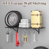 PEKGRIL Garage Wall Shelving Set of 2, 1.5X4 ft Garage Wall Shelves with 8 Hooks, Heavy Duty Wall Mounted Storage Shelf, Loads 260 lbs Each Metal Wall Shelf, Black PEKGRIL