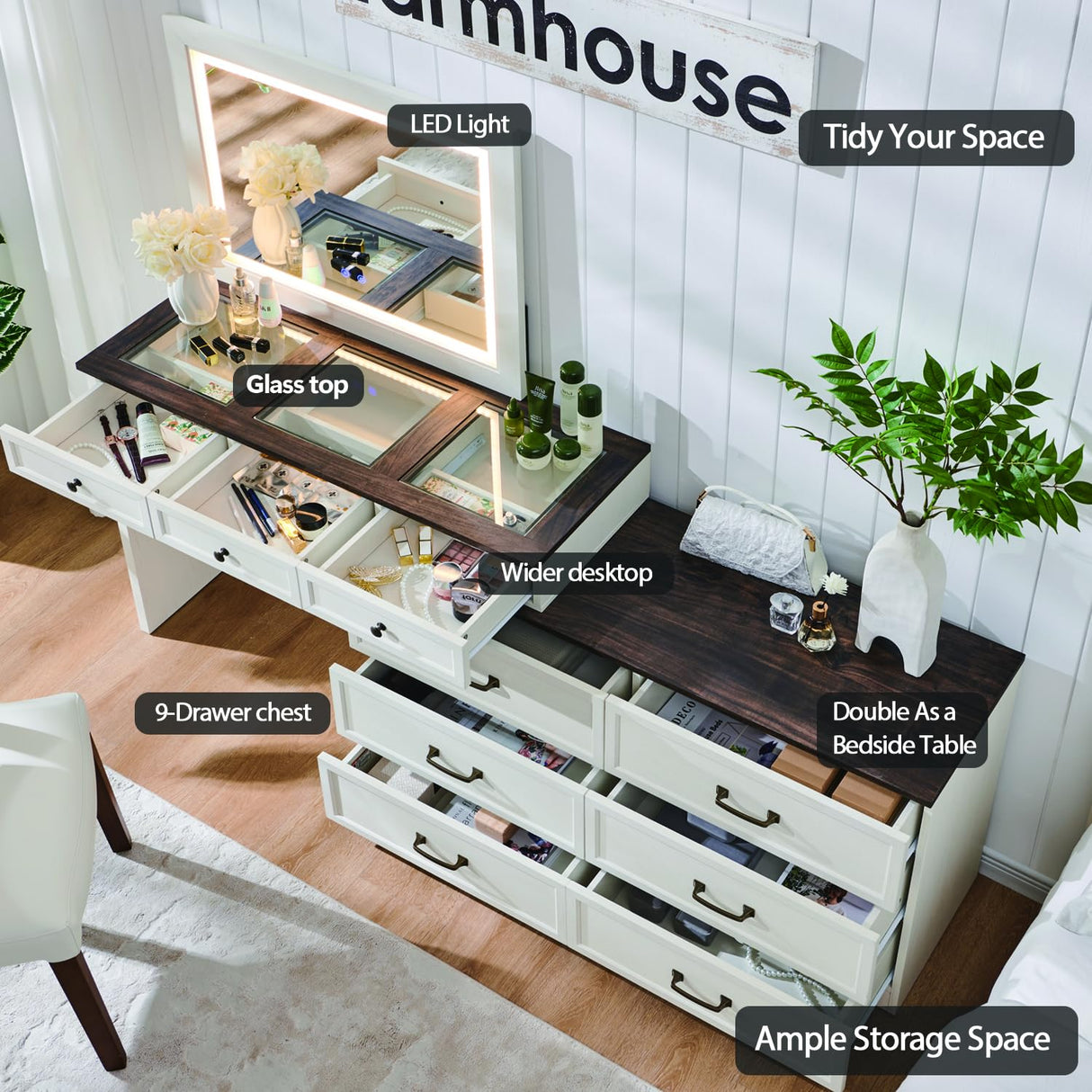 Aitjunz 69" W Big Vanity Desk with Glass Top, Farmhouse Makeup Table with 9 Large Storage Drawers, Rustic Wood Bedroom Dressing Table w/3 Color Available Light & 30" HD Led Mirror,White Aitjunz