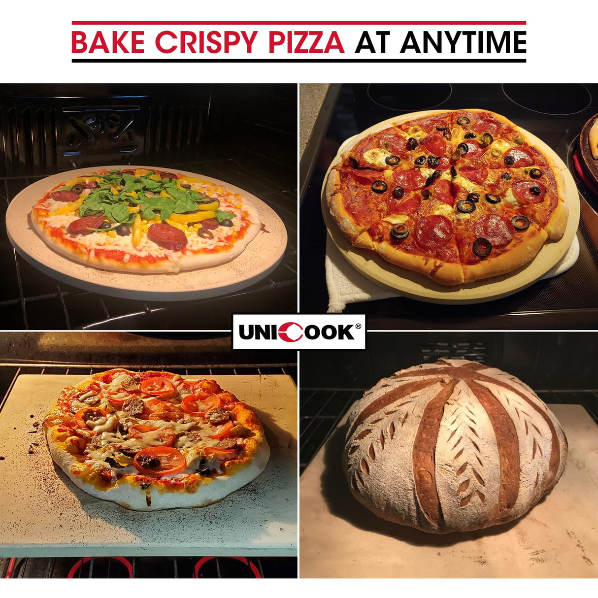 Unicook Pizza Stone for Oven and Grill, 12 inch Square Bread Baking Stone, Heavy Duty Ceramic Pizza Pan, Thermal Shock Resistant Baking Stone for BBQ and Grill, Making Pizza, Bread, Cookie and More Unicook