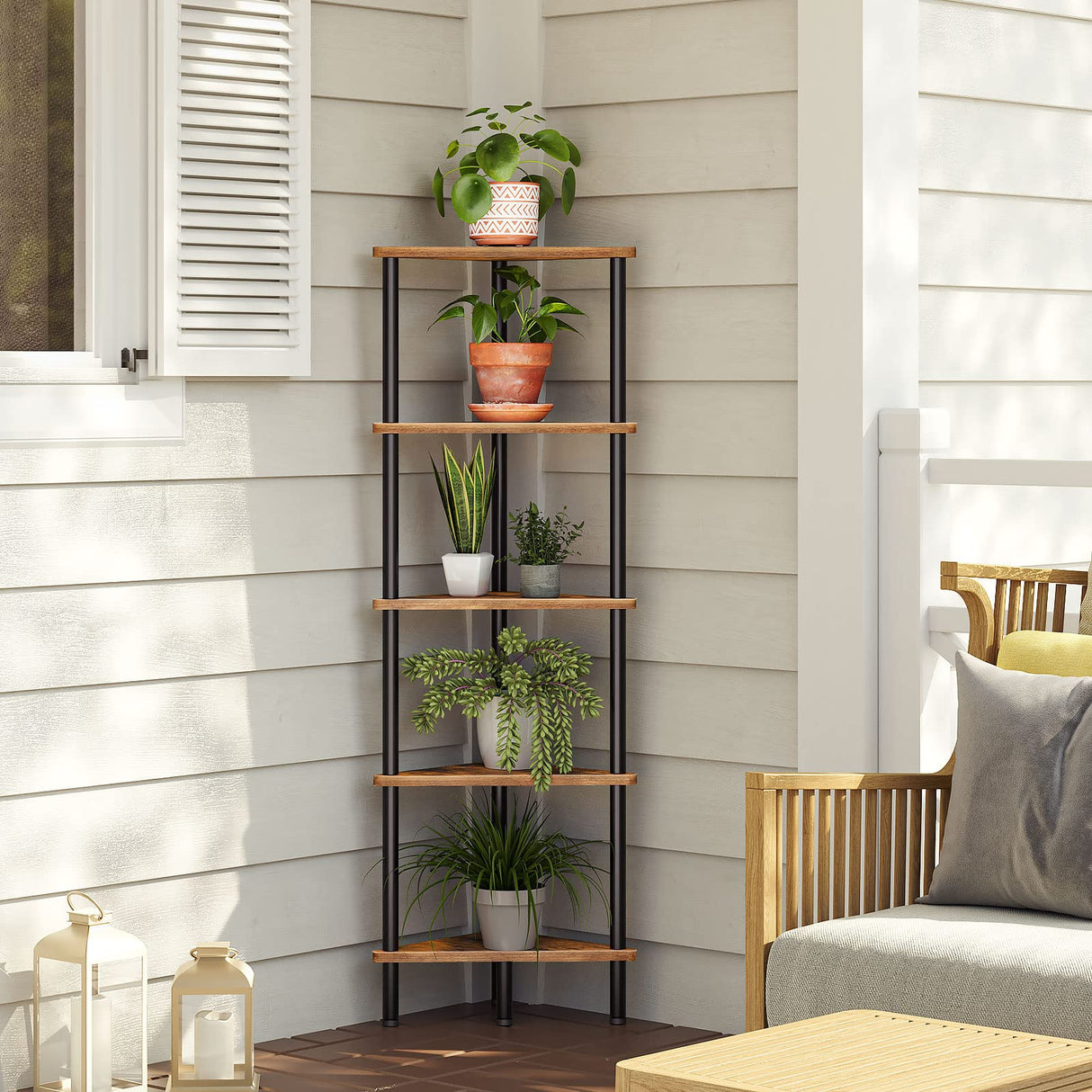 HOOBRO Corner Shelf Stand, Industrial 5-Tier Corner Bookshelf with Metal Frame, Plant Corner Display Shelf, Corner Bookcase for Small Spaces, Bedroom, Living Room, Rustic Brown BF33CJ01 HOOBRO