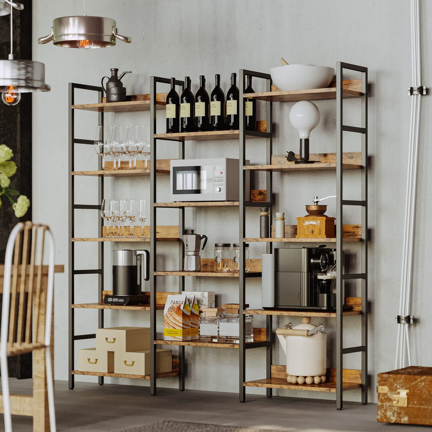 Triple Wide Industrial Bookshelf with 5 Tiers and Metal Frame by IRONCK - WoodArtSupply