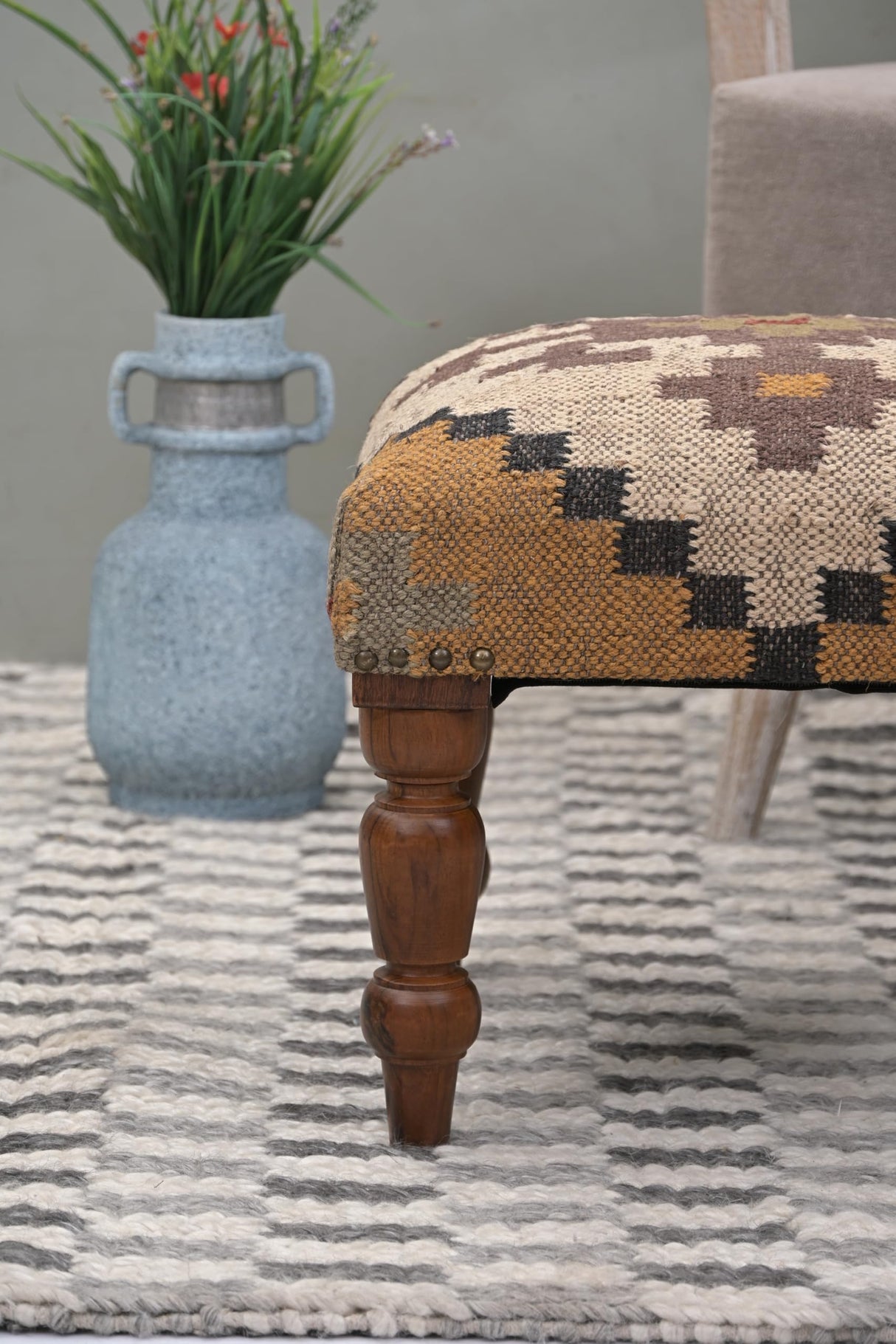 NATURAL FURNISH Handmade Jute Soft Ottomans Square Shape Stool for Sitting and Foot Rest with Wooden Legs, Entryway Modern Stool for Living Room, Bedroom, Hall (Yellow, L 15.74 x W 15.74 x H 14 inch) NATURAL FURNISH