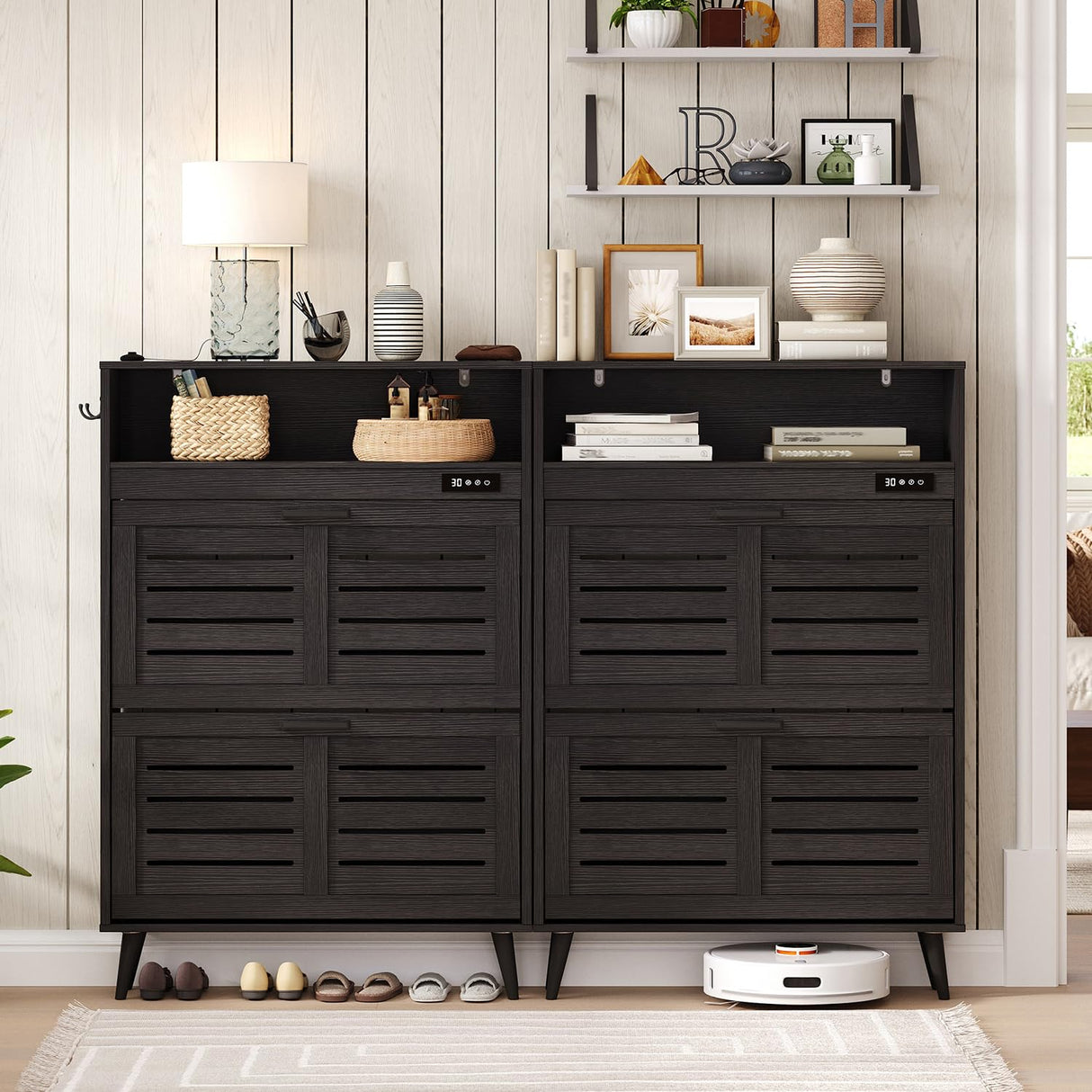 ChooChoo Shoe Storage Cabinet with 2 Flip Drawers, Deodorizing Shoe Cabinet Organizer with Open Storage, Freestanding Hidden Narrow Slim Shoe Rack Cabinet Space Saving for Entryway, Black ChooChoo