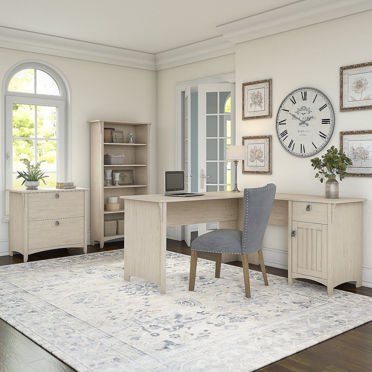 Bush Business Furniture Salinas 60W L Shaped Desk with File Cabinet and 5 Shelf Bookcase in Antique White Bush Business Furniture