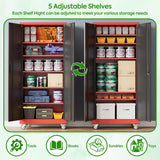 JAORD 71" Metal Storage Cabinet with Wheels and Pegboard, Lockable Rolling Steel Storage Cabinet with 5 Adjustable Shelves and Door for Garage, Office, Kitchen, Assembly Required（Black and red） JAORD
