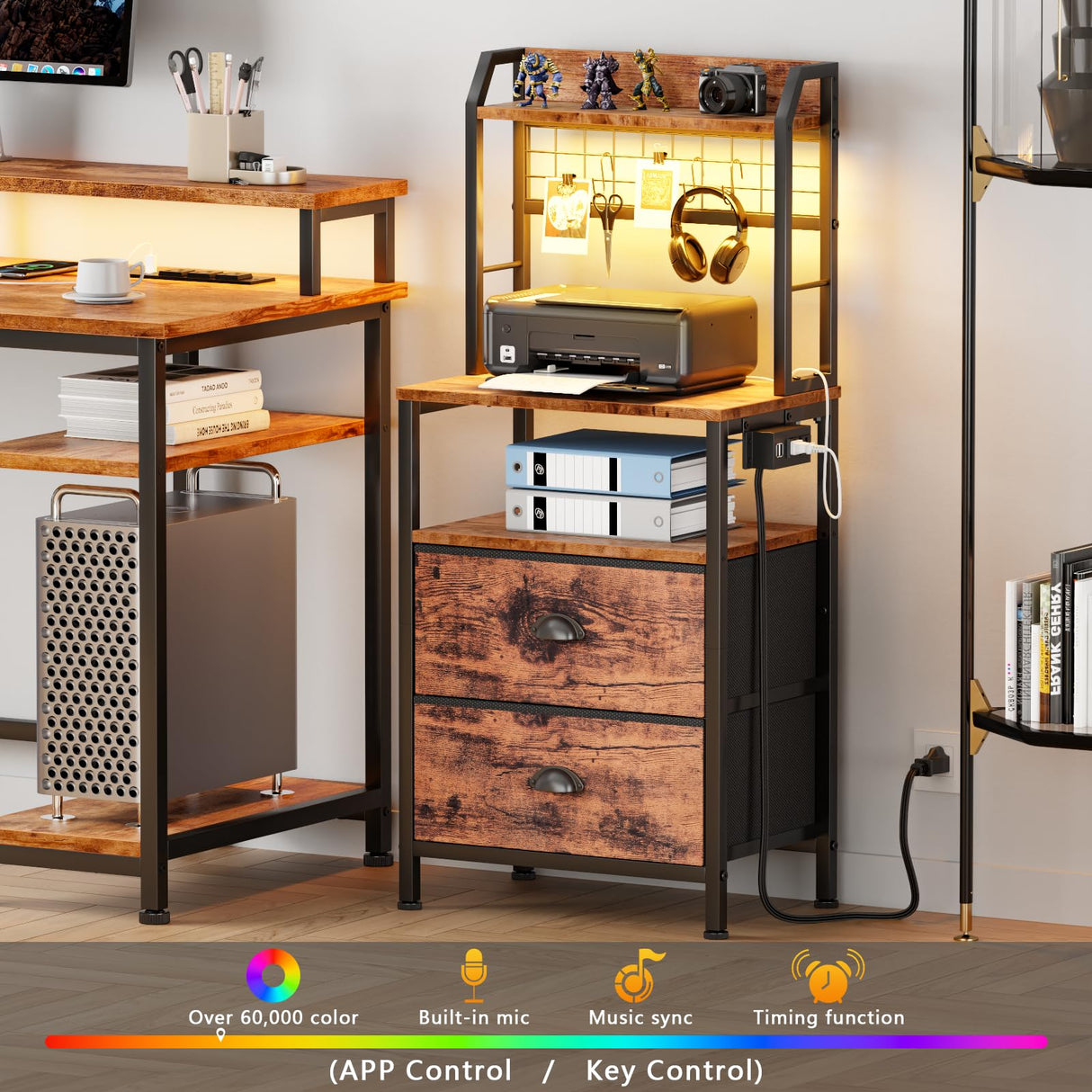 Furologee Tall Nightstand with Charging Station & LED Lights, 41'' Bedside Table with 2 Drawers & Pegboard, White Night Stand with Hooks & Folders, End Table with Shelves for Bedroom/Living Room Furologee