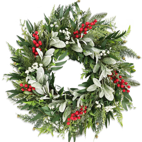 24" Realistic Christmas Wreath with Red Berries, Winter Eucalyptus Artificial Faux Evergreen Wreath Greenery Decoration for Front Door Window Home Wall Farmhouse Holiday Outdoor Indoor Décor Montekin