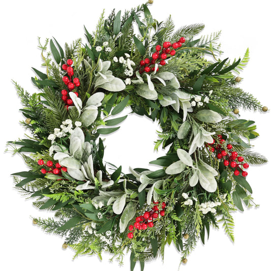 24" Realistic Christmas Wreath with Red Berries, Winter Eucalyptus Artificial Faux Evergreen Wreath Greenery Decoration for Front Door Window Home Wall Farmhouse Holiday Outdoor Indoor Décor