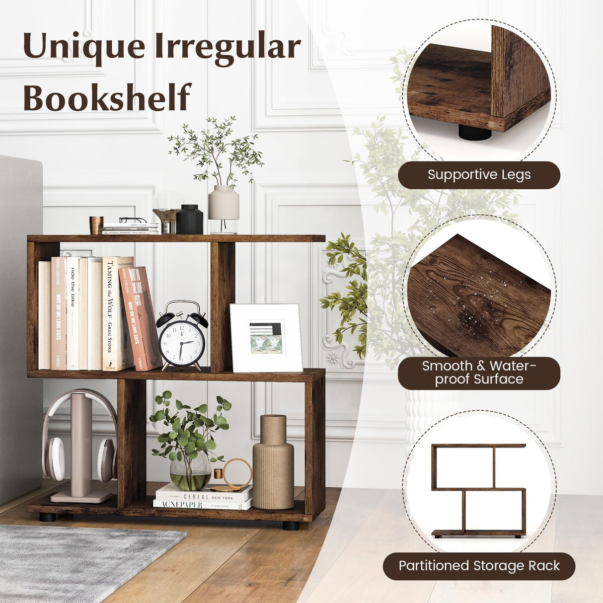 Giantex 3-Tier Geometric Bookshelf, 24" Tall Wood S-Shaped Display Shelves with Thick Foot Pads, Freestanding Open Shelves Nightstand, Floor Standing Display Shelf Bookcase, Brown Giantex